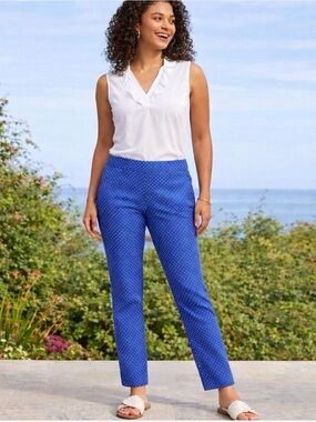 Talbots Hampshire Curvy Ankle Pants Blue White Diamond Polka Dot Stretch Sz 8P